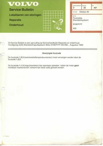 400 Bulletin Foutcodes Brandstof B18EP, FP Okt'89