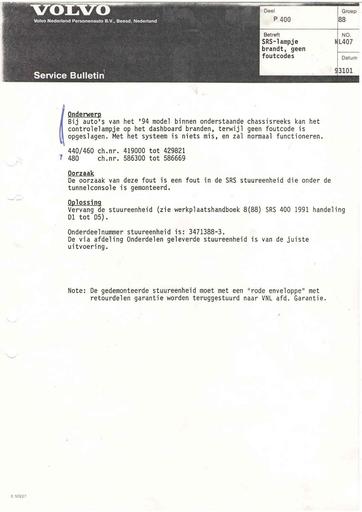 Bulletin 400 Srs lampje brand zonder foutcode Okt'93