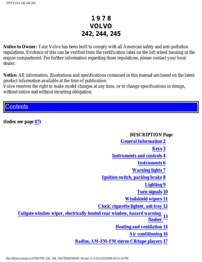 1978 242, 244, 245 Owners Manual