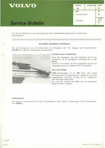 Bulletin Aanlegdruk Ruitenwissers 340, 360 '82