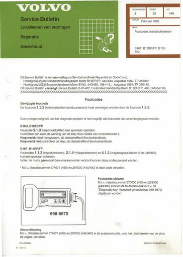 400 Bulletin Foutcodes Brandstof B16F, B18EP, B18U Feb'92