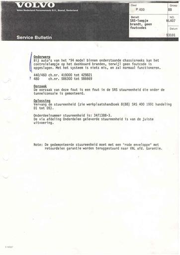 Bulletin 400 Srs lampje brand zonder foutcode Okt'93