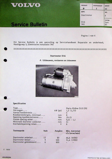 Bulletin Startmotor D16 '85