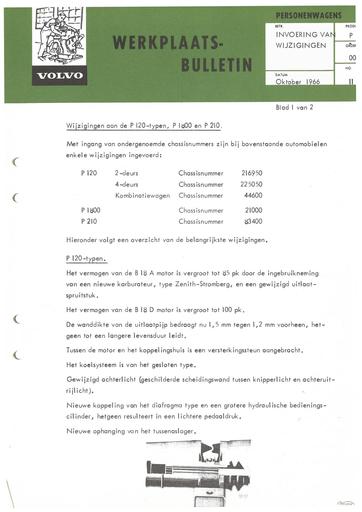 Bulletin Modelwijzigingen 120, P1800, P210 Okt '66