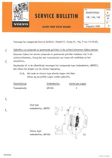 Bulletin Piepende remmen achter 140 serie Aug '68