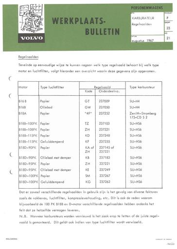 Bulletin Regelnaalden Carbs B16B, B18D Aug '67