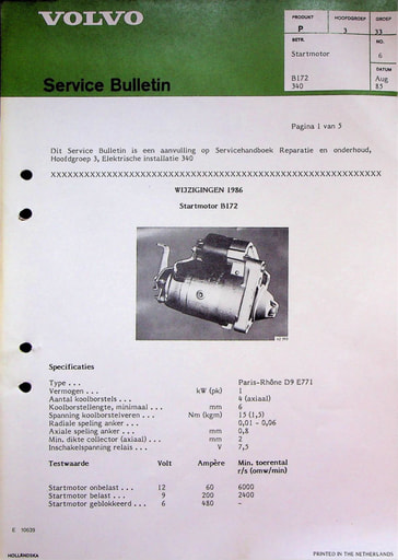 Bulletin Startmotor B172 Wijziging '85