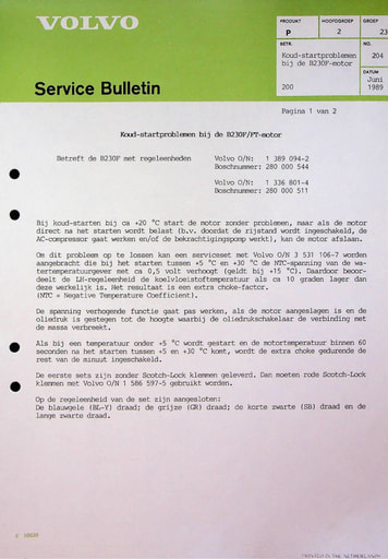 Bulletin Koude start B230F '85 '93