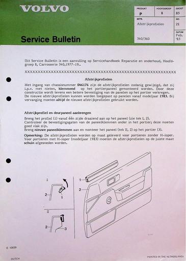 Bulletin 340, 360 Afstrijkprofiel deur Febr'85
