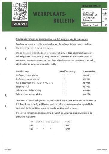 Bulletin Rugleuning Voorstoel 100 serie Aug  '68