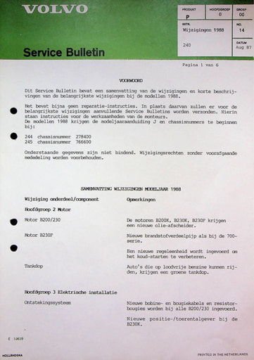 Service Bulletin Wijzigingen 1988