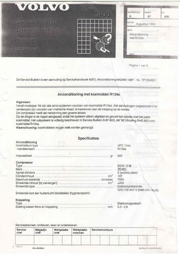 Bulletin 400 Airco met R134a  Aug'93
