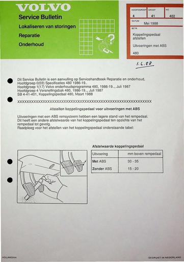 Bulletin 480 Afstellen Koppelingspedaal Mei'88